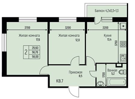 Двухкомнатная в Литер 12