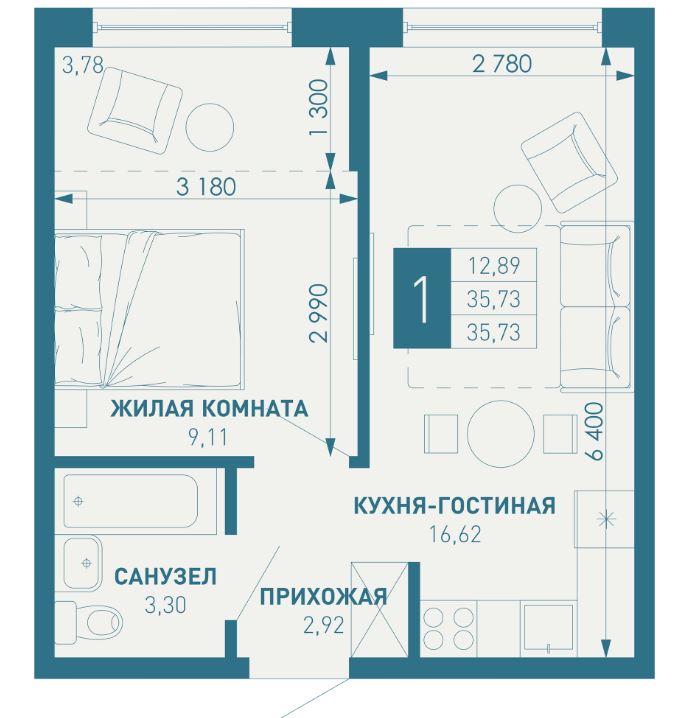 Однокомнатная в Литер 1