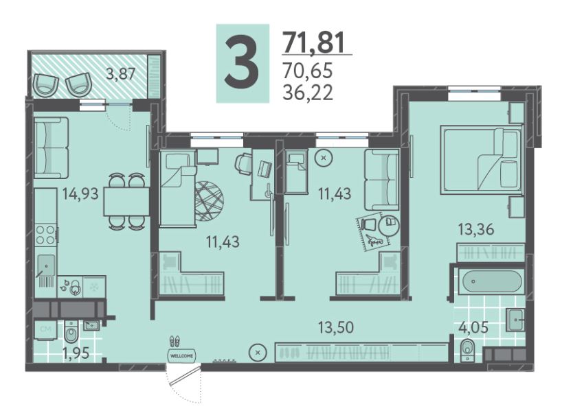 Трехкомнатная в Литер 3 очередь 1