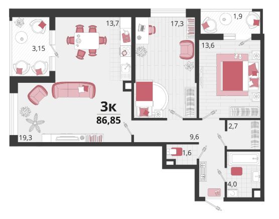 Трехкомнатная в Литер 12