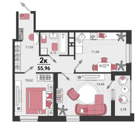 Двухкомнатная в Литер 16