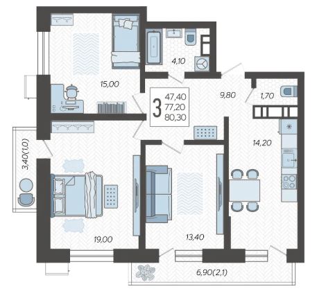 Трехкомнатная в Литер 3