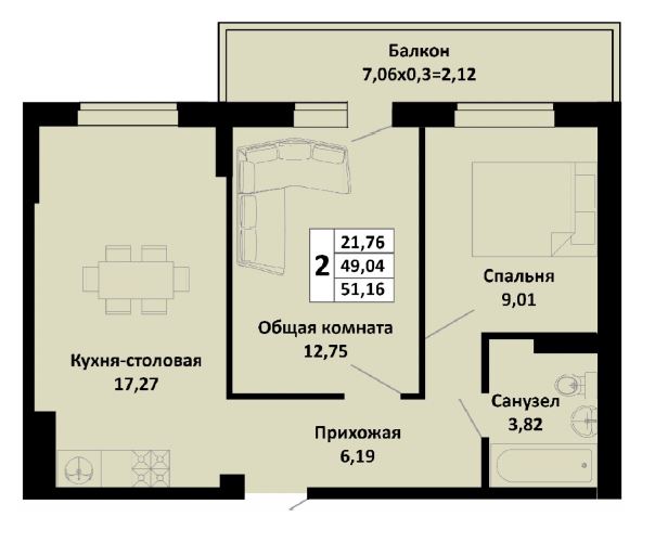 Двухкомнатная в Литер 1
