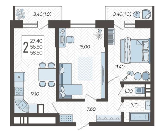 Двухкомнатная в Литер 3