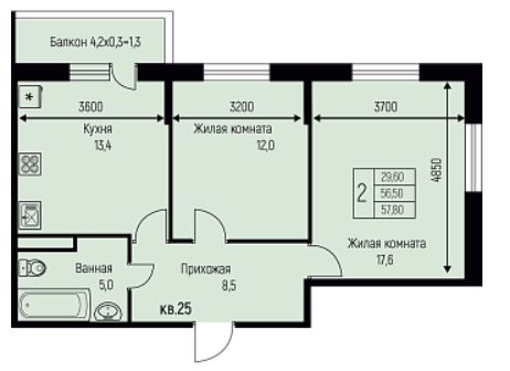 Двухкомнатная в Литер 11