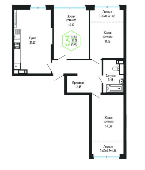 Трехкомнатная в Литер 4