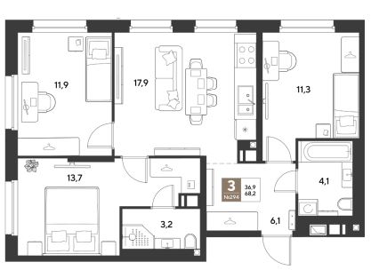 Трехкомнатная в Литер 13