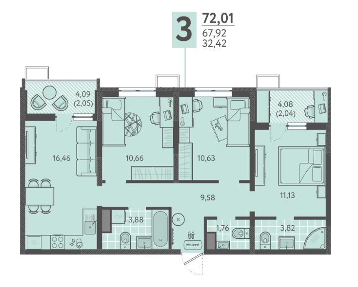 Трехкомнатная в Литер 8 очередь 3