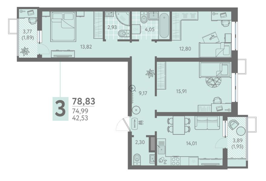 Трехкомнатная в Литер 9 очередь 3