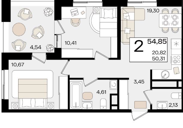 Двухкомнатная в Литер 1.3