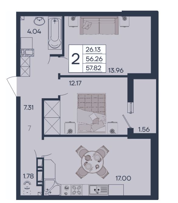 Двухкомнатная в Литер 1.17