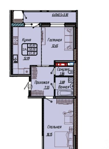 Двухкомнатная в Литер 1