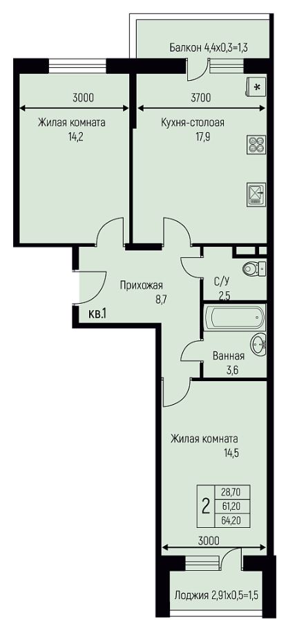 Двухкомнатная в Литер 9