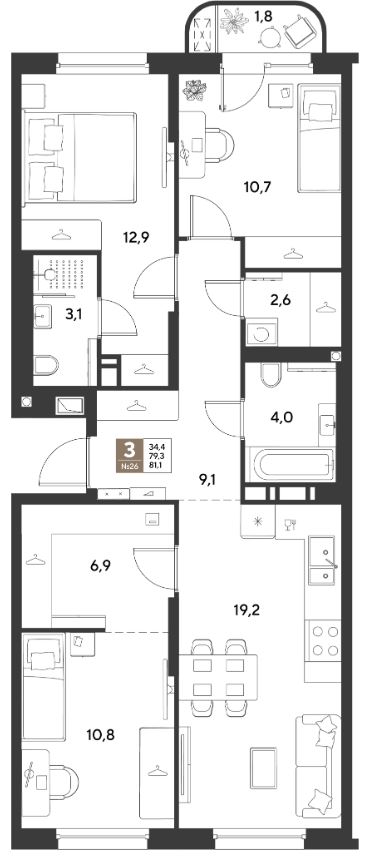 Трехкомнатная в Литер 15 очередь 1