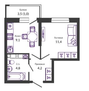 Однокомнатная в Литер 1 Очередь 1