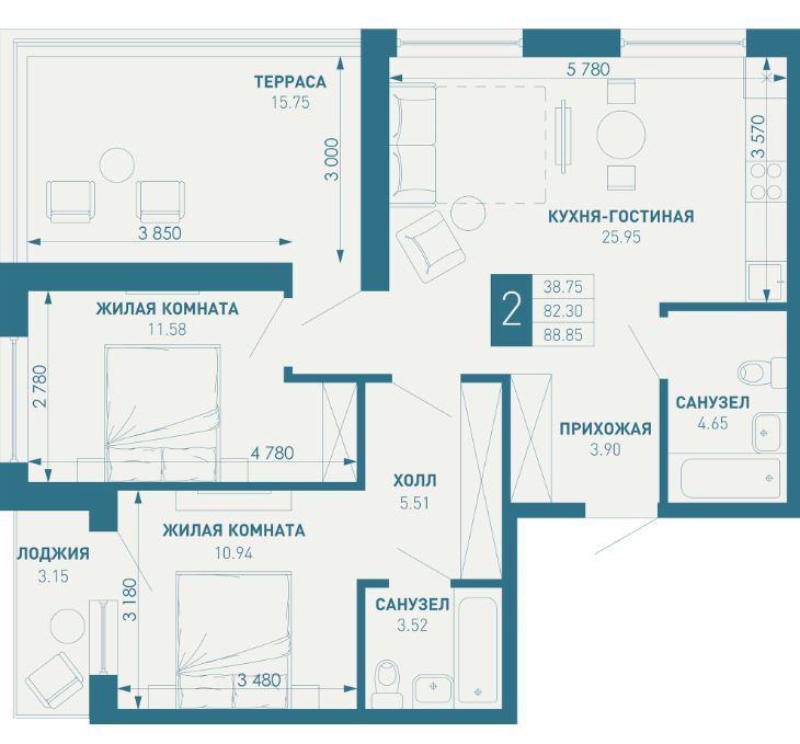 Двухкомнатная в Литер 3