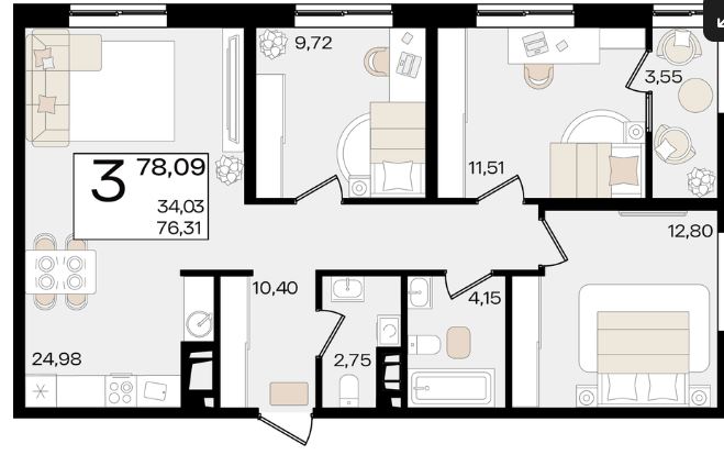 Трехкомнатная в Литер 1.3