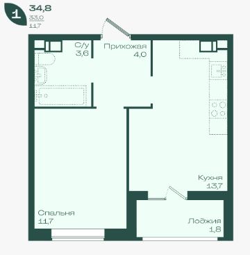 Однокомнатная в Литер 1.2