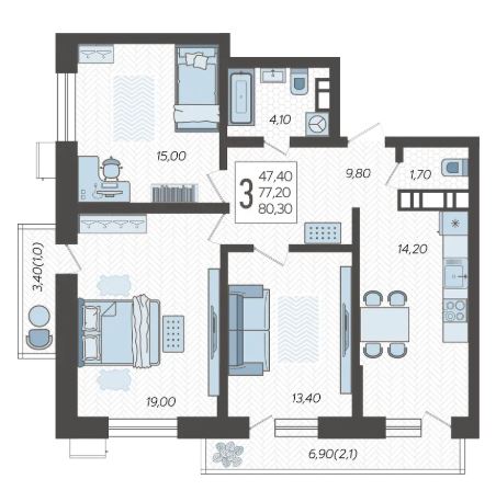 Трехкомнатная в Литер 2