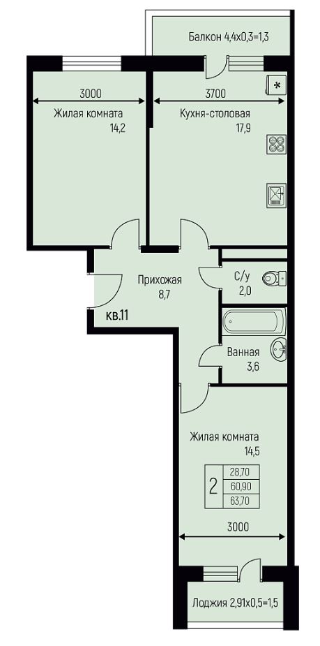 Двухкомнатная в Литер 9