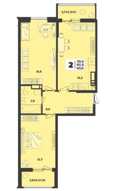 Двухкомнатная в Литер 1.2