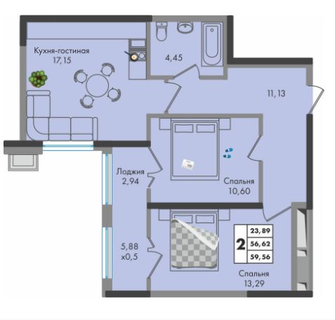 Двухкомнатная в Литер 1.1