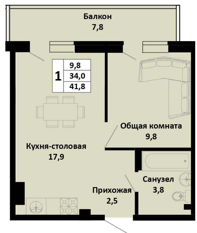Однокомнатная в Литер 1