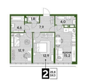 Двухкомнатная в Литер 1