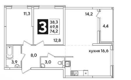 Трехкомнатная в Литер 33