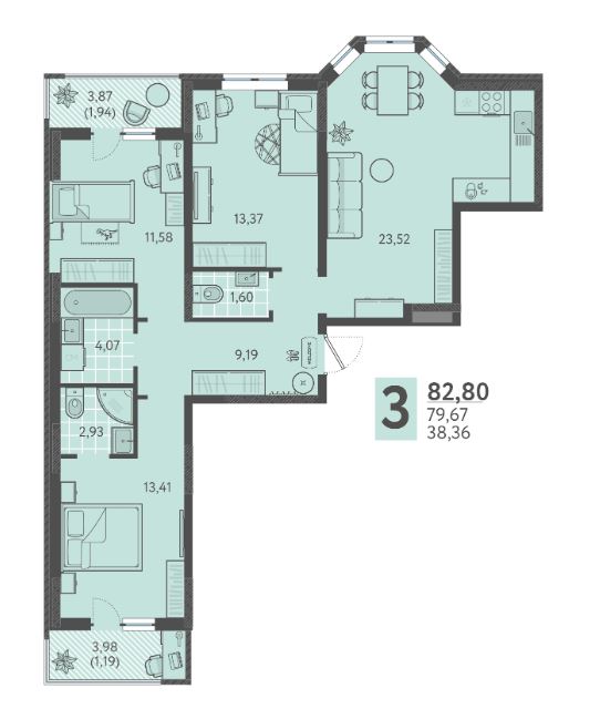 Трехкомнатная в Литер 4 очередь 2