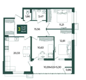 Трехкомнатная в Дом 10 очередь 3
