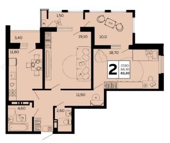 Двухкомнатная в Литер 1