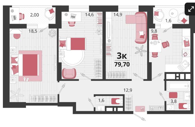 Трехкомнатная в Литер 12