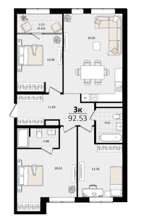 Трехкомнатная в Литер 2