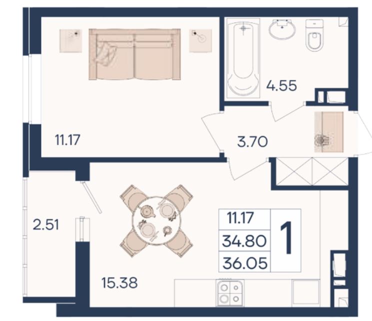 Однокомнатная в Литер 1.9
