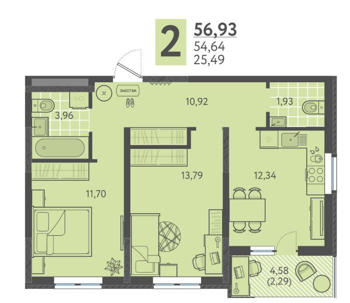 Двухкомнатная в Литер 4 очередь 2