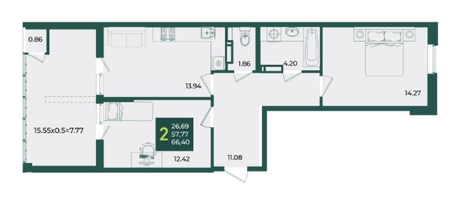 Двухкомнатная в Дом 6 очередь 3