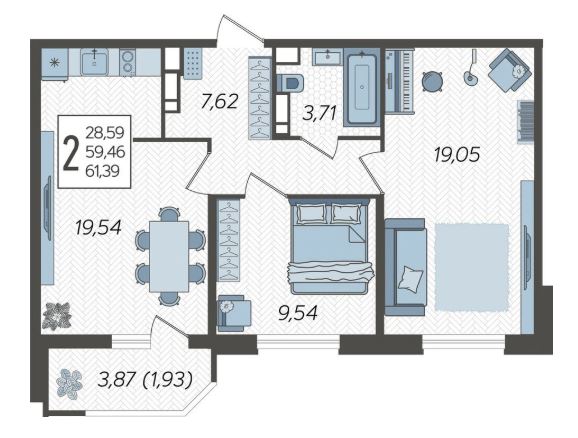 Двухкомнатная в Литер 1