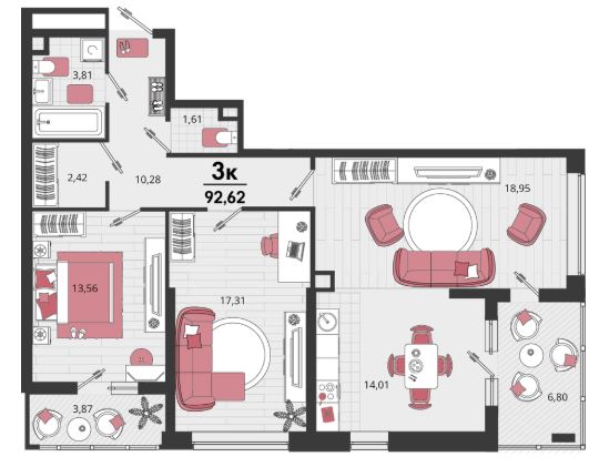 Трехкомнатная в Литер 16