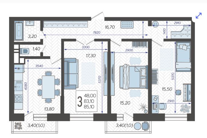 Трехкомнатная в Литер 7