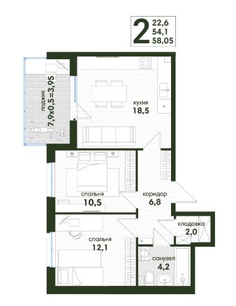 Двухкомнатная в Литер 4 очередь 1