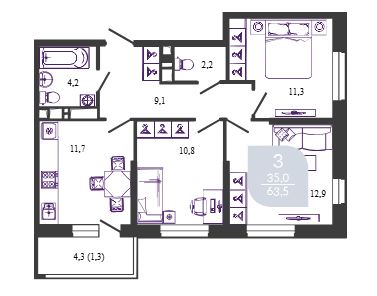 Трехкомнатная в Литер 1 Очередь 1