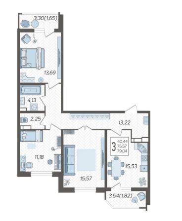 Трехкомнатная в Литер 1