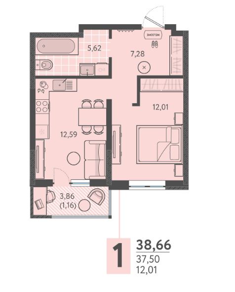 Однокомнатная в Литер 9 очередь 3