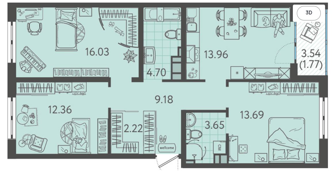 Трехкомнатная в Литер 2
