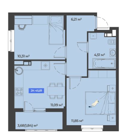 Двухкомнатная в Литер 1