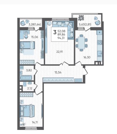 Трехкомнатная в Литер 2