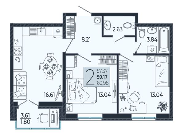 Двухкомнатная в Литер 1