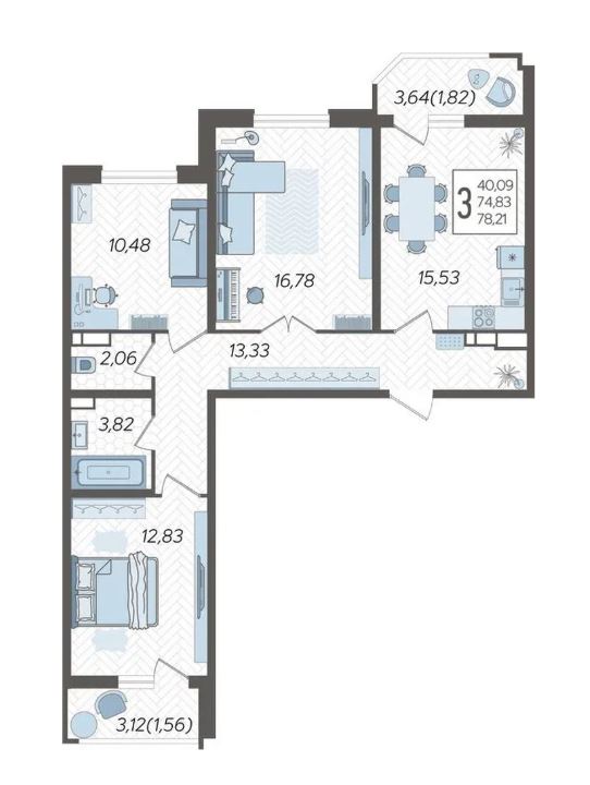 Трехкомнатная в Литер 1