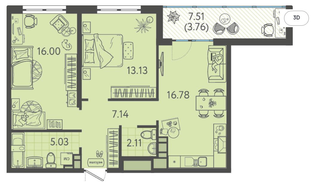 Двухкомнатная в Литер 1 очередь 1